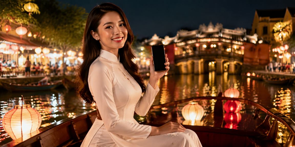 Người dùng tại Hội An đăng ký tài khoản và nhận thưởng với trang phục áo dài truyền thống